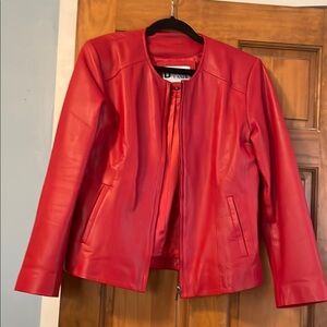 Vibrant Red Fitted Moto Biker Leather Jacket with Stand-Up Collar.